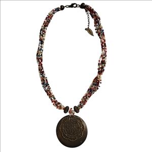 Coldwater Creek Six-Strand Multicolor Seed Bead Wood Bronze Pendant Necklace
